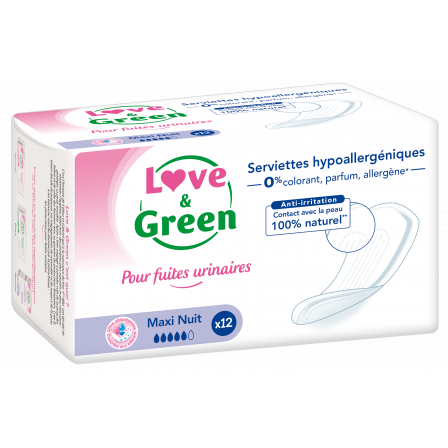 Love & Green Serviettes Incontinence Nuit Hypoallergéniques x12