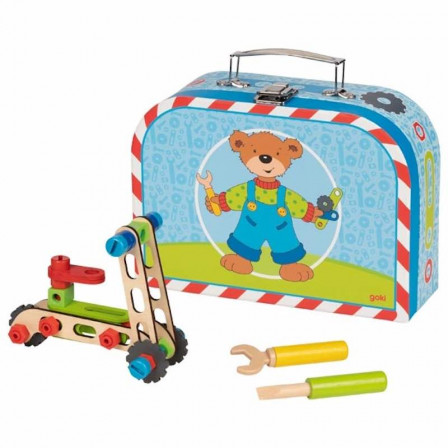Goki Valise avec kit de construction de véhicules - Jouet en bois