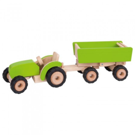 Goki Tracteur vert avec remorque - Jouet en bois
