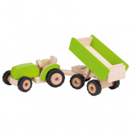 Goki Tracteur vert avec remorque - Jouet en bois