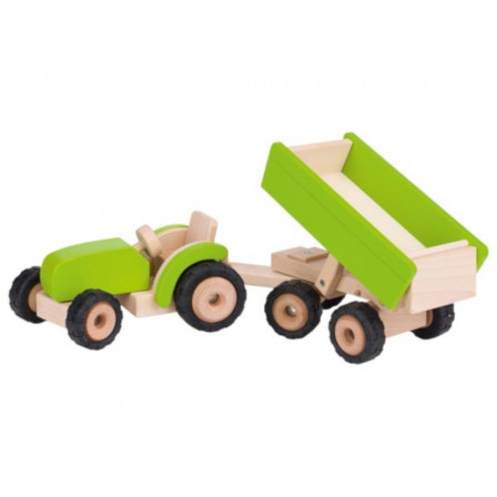 Goki Tracteur vert avec remorque - Jouet en bois