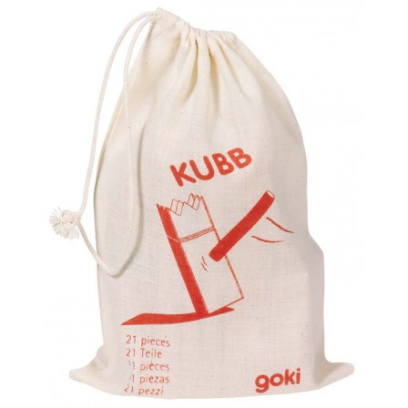 Mini Kubb game, wooden in its bag cotton
