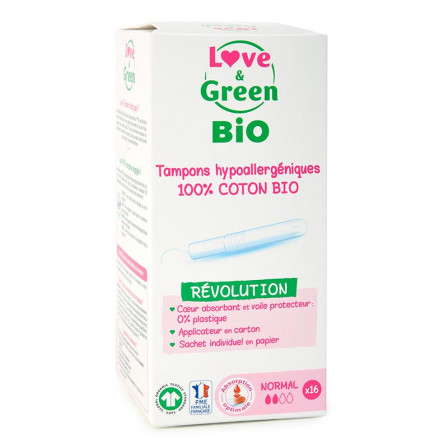 Love & Green BIO, Protections Féminines Hypoallergéniques, Tampons avec applicateur « Normal » X 16