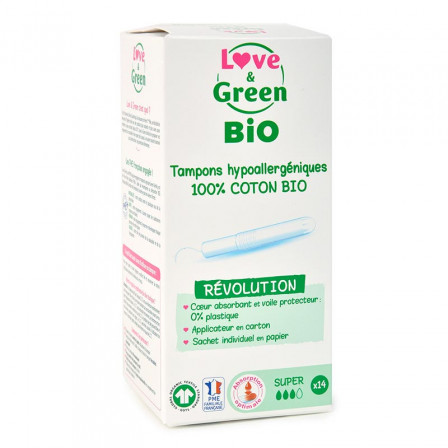 Love & Green BIO, Protections Féminines Hypoallergéniques, Tampons avec applicateur « Super » X 14