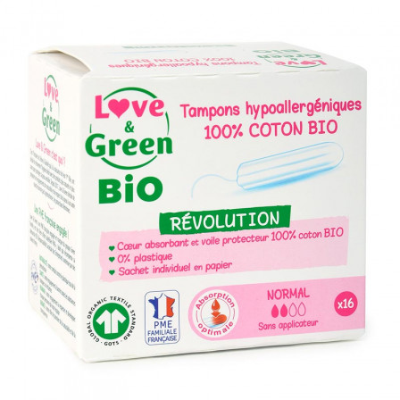 Love & Green BIO, Protections Féminines Hypoallergéniques, Tampons digitaux « Normal » X 16