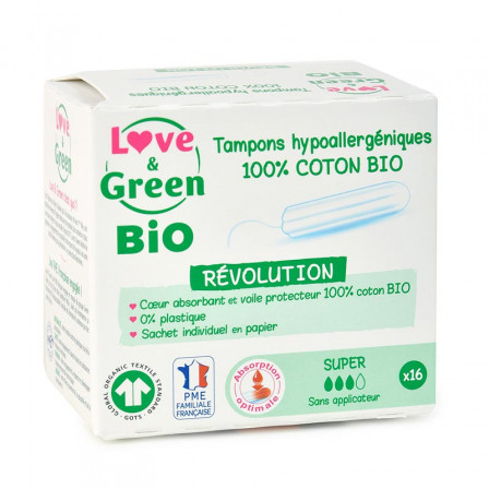 Love & Green BIO, Protections Féminines Hypoallergéniques, Tampons digitaux « Super » X 16