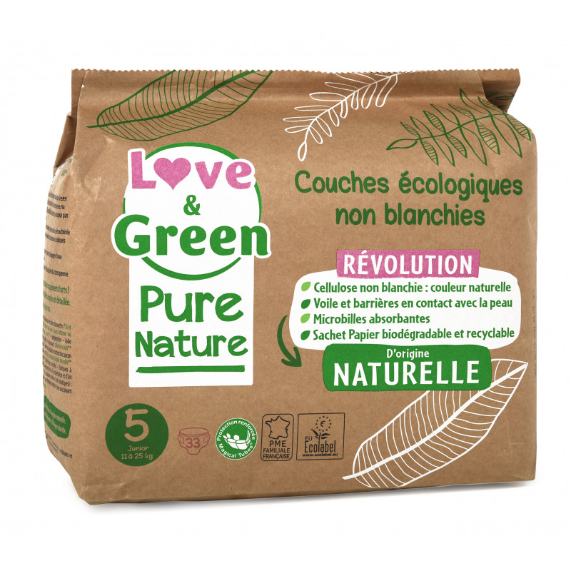 Love green - Lot de 33 couches hypoallergéniques Pure Nature - Taille 5 -  Blanc - Idée liste de cadeaux