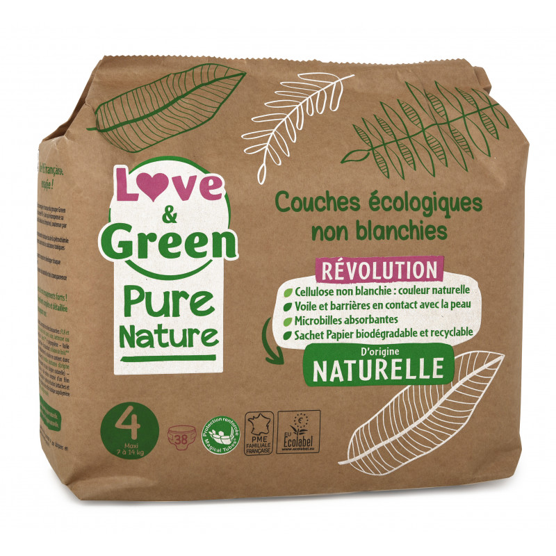 Couches jetables hypoallergéniques Pure Nature de Love and Green, Taille 4+,  pack de 35