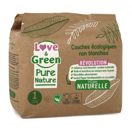 Love and Green, Pure Nature, Size 1, hypoallergenic diapers x 32 