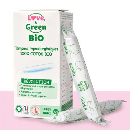 Love & Green BIO Tampons  avec applicateur « Super » Hypoallergéniques X 14