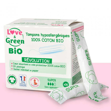 Love & Green BIO, Protections Féminines Hypoallergéniques, Tampons avec applicateur « Normal » X 16