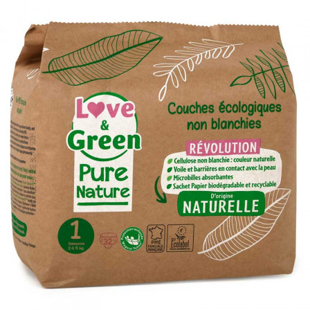 Love and Green Pure Nature Pack 6x32 Couches jetables taille 1 (2 à 5 kg)