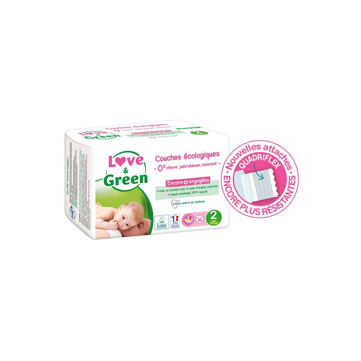 Love & Green - Couches Bébé Saines et Ecologiques - Taille 2 (3-6 kg) -  Pack 1 mois (216 Couches) - Absorbante, anti-fuites et sans ingrédients
