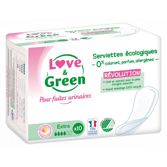 Love and Green Serviettes Incontinence Extra Hypoallergéniques x10