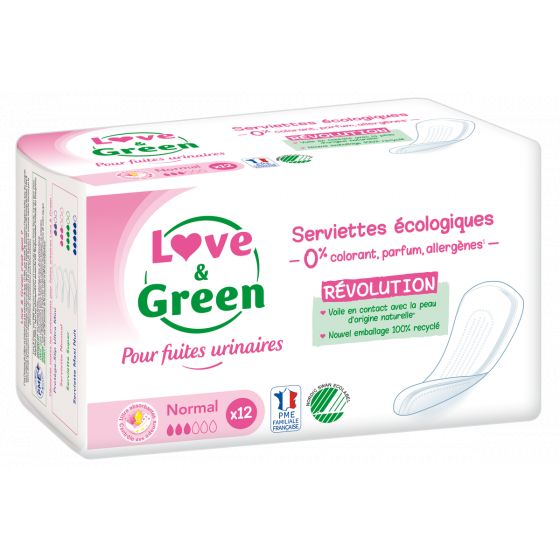 Love and Green Serviettes Incontinence Normal Hypoallergéniques x12