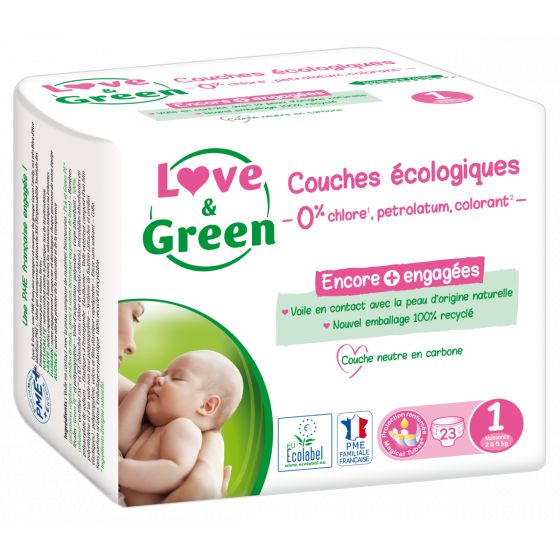 Love and green disposable diapers size 1 (2 to 5 kg) x23