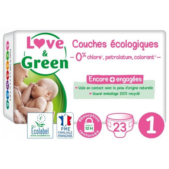Love and green disposable diapers size 1 (2 to 5 kg) x23