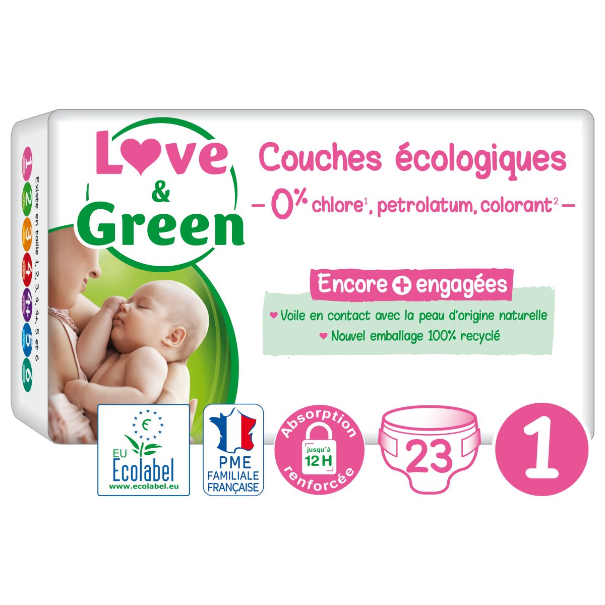 Couches LOVE & GREEN - Taille 1 x23 - 100% d'origine naturelle