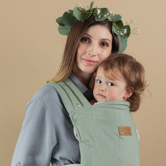 Isara Quick Half Buckle Sage Green Linen - porte-bébé Meï-taï Hybride en Lin