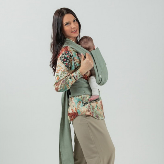 Isara Quick Half Buckle Sage Green Linen - porte-bébé Meï-taï Hybride en Lin Isara