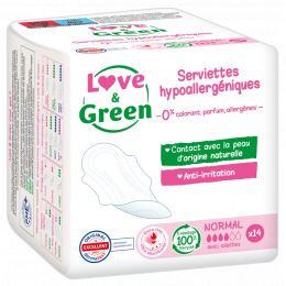 Love and Green Serviettes hygiéniques Normal Hypoallergéniques x14