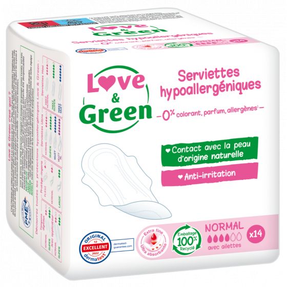 Love and Green Serviettes hygiéniques Normal Hypoallergéniques x14