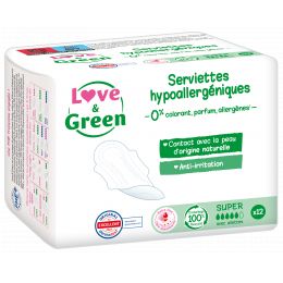 Love and Green Serviettes Hygiéniques Super Hypoallergéniques x12