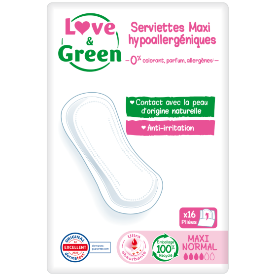 Love and Green Serviettes hygiéniques Hypoallergéniques MAXI NORMAL - Flux Modérés x16