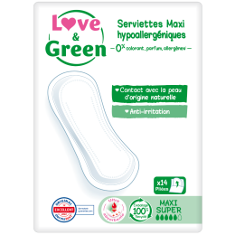 Love and Green Serviettes hygiéniques Hypoallergéniques Maxi Super x14