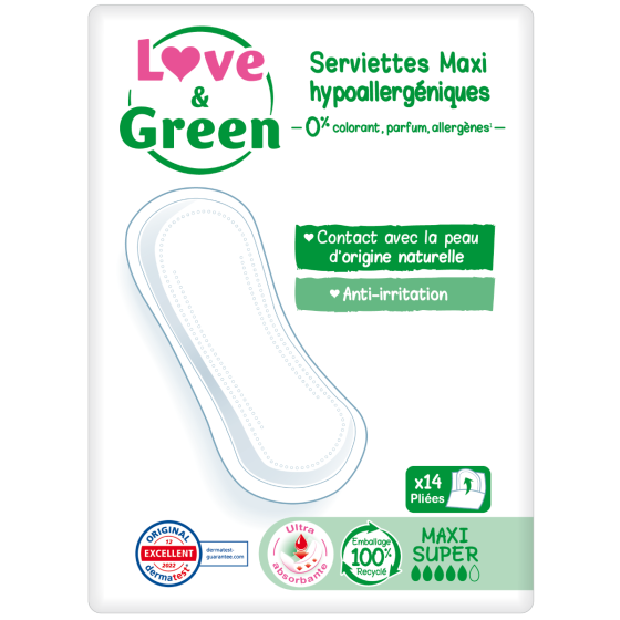 Love and Green Serviettes hygiéniques Hypoallergéniques Maxi Super x14