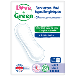 Love and Green Serviettes Hygiéniques Maxi Nuit Hypoallergéniques x12