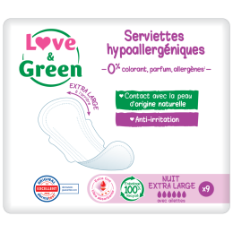 Love and Green Serviettes hygiéniques Hypoallergéniques Nuit Extra Large x9