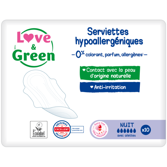 Love and Green Serviettes Hygiéniques Nuit Hypoallergéniques x10