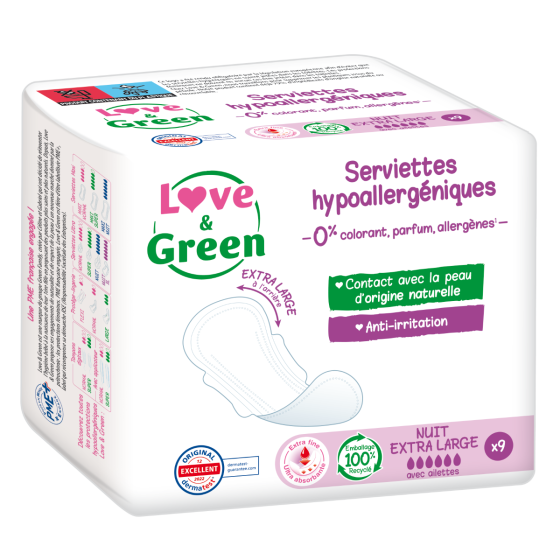 Love and Green Serviettes hygiéniques Hypoallergéniques Nuit Extra Large x9