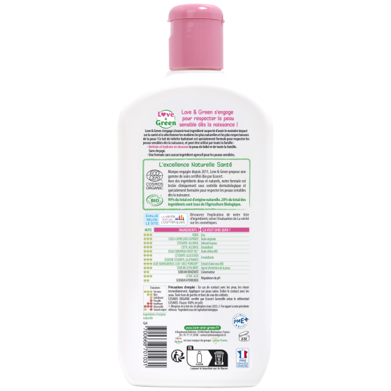 Love and Green Lait de toilette bio hydratant hypoallergénique 0% 500 ml