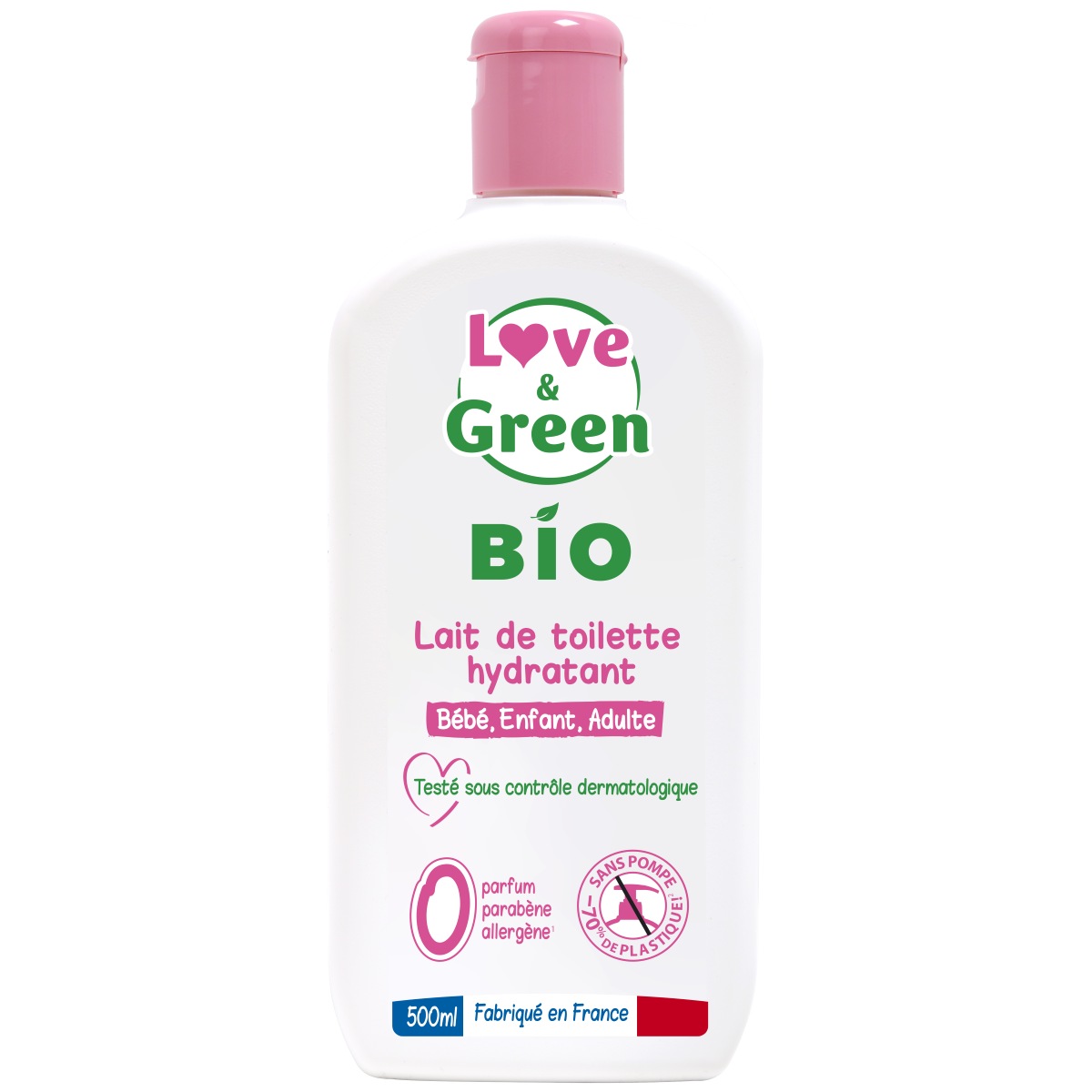 Love & Green - Lait de Toilette Hydratant Bio 0% 500 ml - Fabriqué