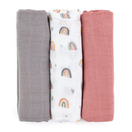 Petite&Mars - Moussy -Set of 3  Bamboo muslin swaddles - Rose Rainbows