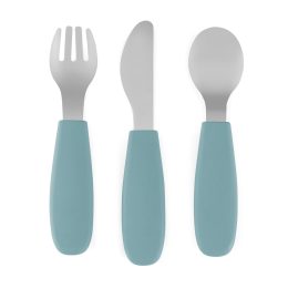 Petite&Mars - Take&Match - Set de couverts en acier inoxydable avec manche en silicone 12+ - Frosted-Sky (Bleu Clair)