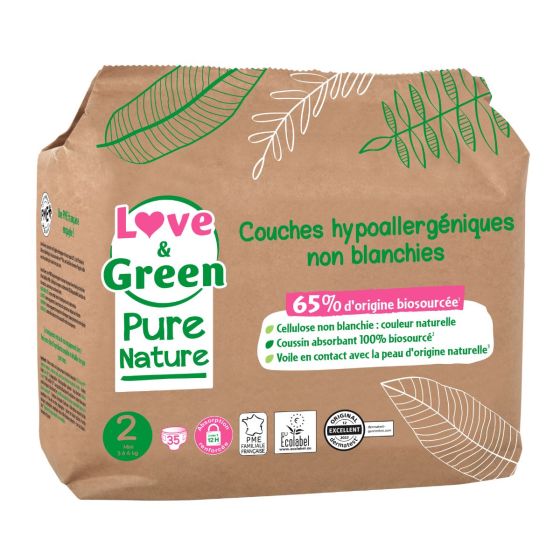 Love and Green Pure Nature Pack 6x35 Couches jetables taille 2 (3 à 6 kg) Love and Green