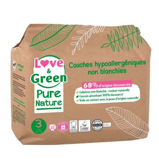 Love and Green Pure Nature Pack 6x42 Couches jetables taille 3 (4 à 9 kg) Love and Green