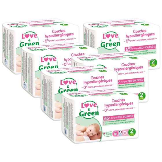 Love and Green Pack 6 x 36 Couches jetables taille 2 (3 - 6 kg) Love and Green