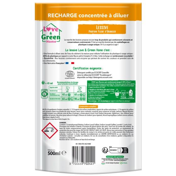 Love and Green Lessive écologique Parfum Fleur d'oranger - 1,5L Love and Green