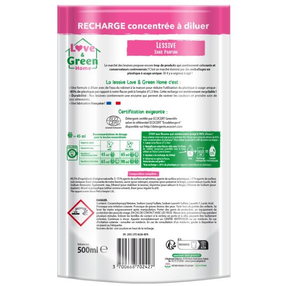 Love and Green Lessive écologique sans Parfum - 1,5L Love and Green