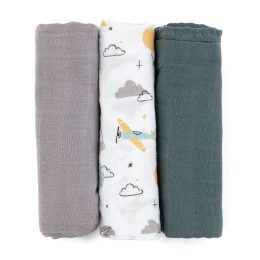 Petite&Mars - Moussy -Set of 3  Bamboo muslin swaddles - Grey Planes