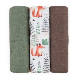 Petite&Mars - Moussy - Lot de 3 Langes en Mousseline de Bambou - Forest Fox