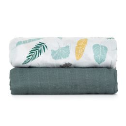 Petite&Mars - Misty-Set of 2 Bamboo muslin swaddles 120x120 - Green-Leaves