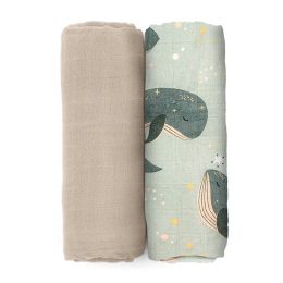 Petite&Mars - Misty - Lot de 2 Langes en Mousseline de Bambou 120 x 120 cm - Whale-Song