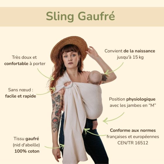 Naturioù Ring Sling Gaufré Écru - écharpe de portage sans noeud Naturiou