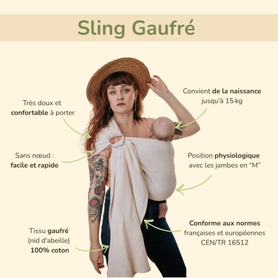 Naturioù Ring Sling Gaufré Gris Clair - écharpe de portage sans noeud