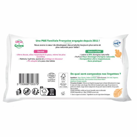 Love and Green lingettes 0% Fleur d'oranger bio x 64 Love and Green